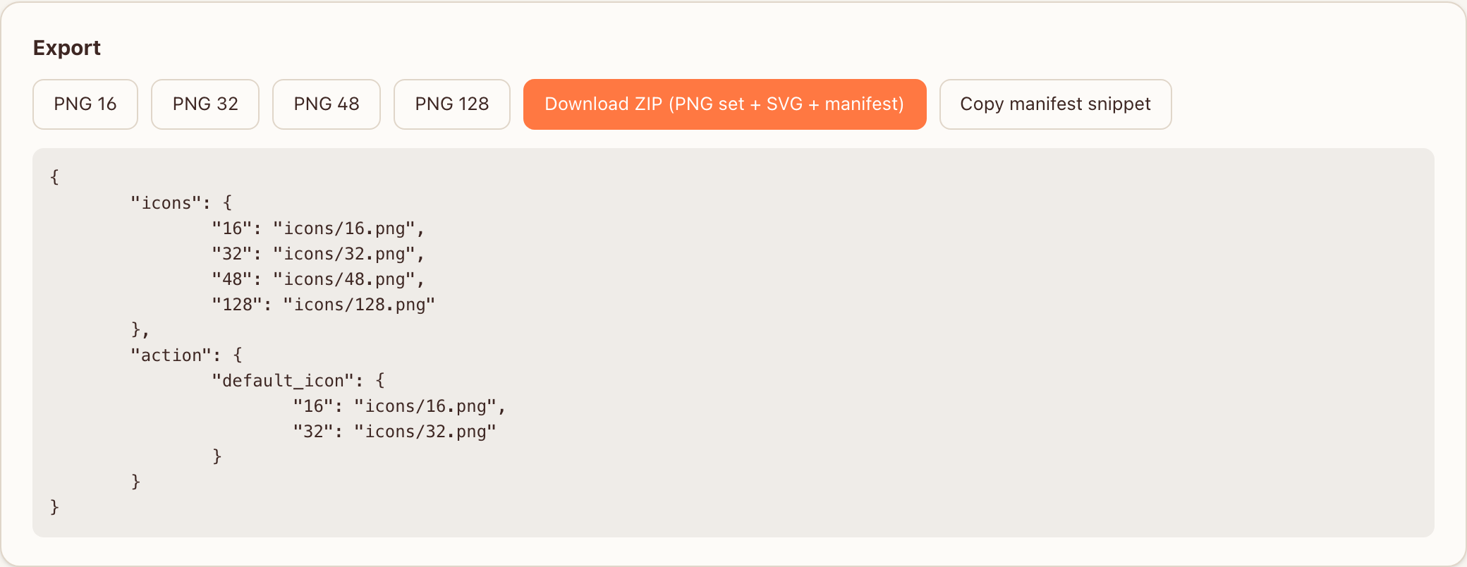 Export buttons for per-size PNGs, ZIP and manifest snippet