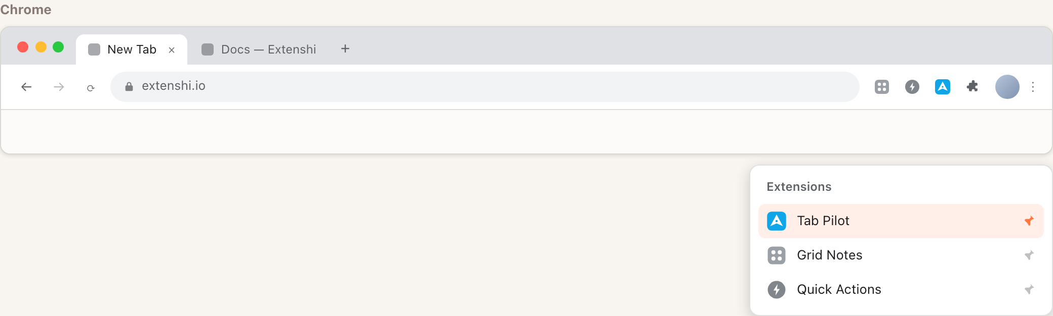 Chrome toolbar mockup with the icon pinned next to neighbor extensions