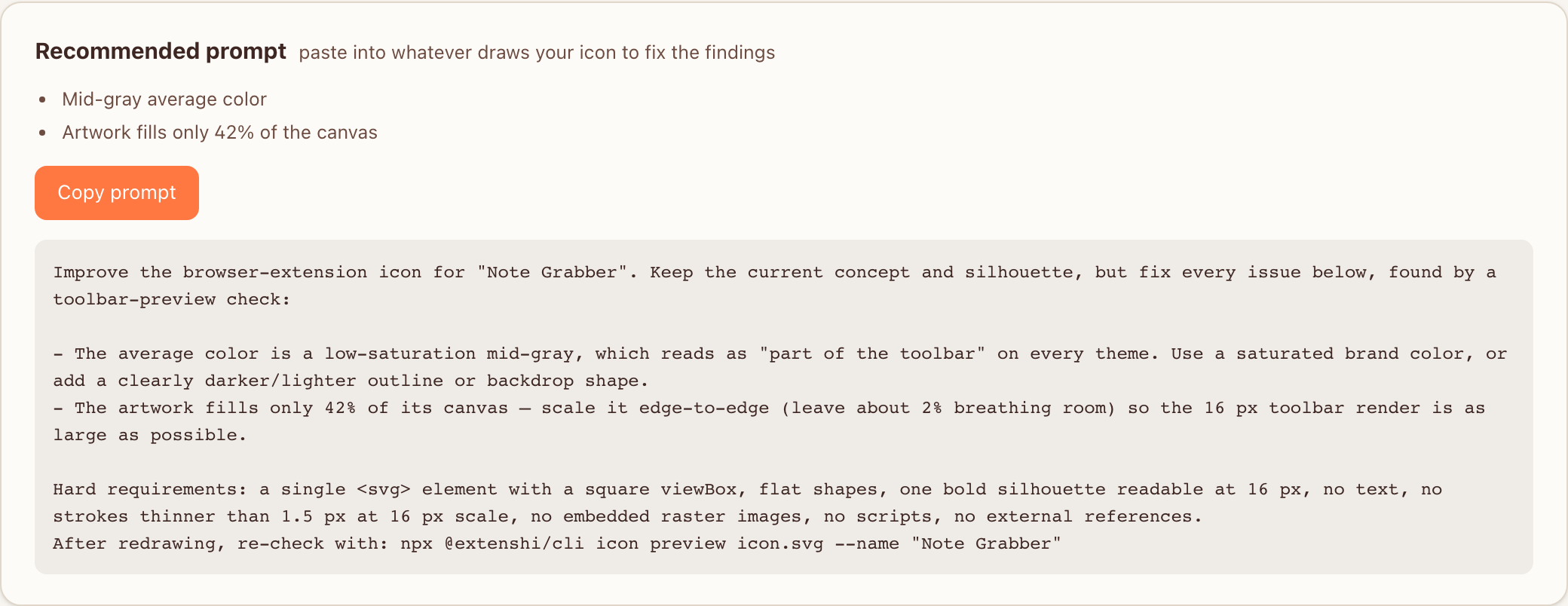 Recommended prompt card assembling detected issues into a copyable prompt