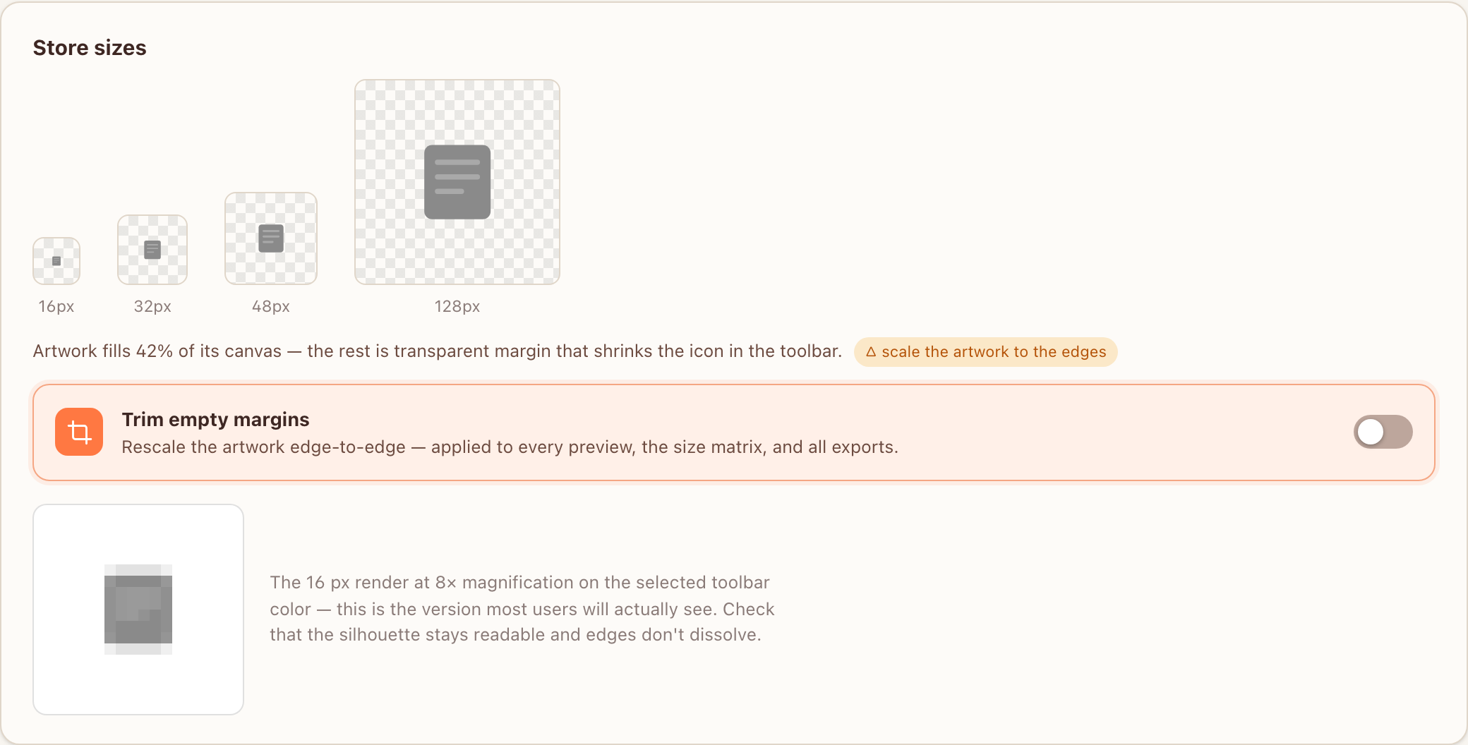 Store size matrix with canvas-usage warning, trim toggle and 8x magnifier
